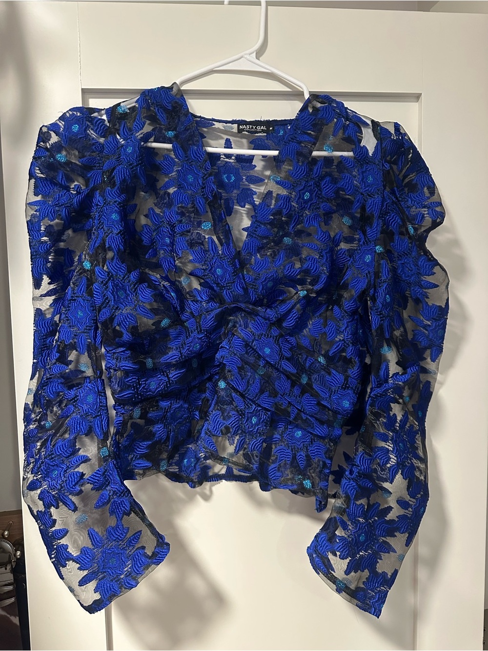 Nasty Gal Royal Blue Embroidered Sheer Floral Blouse